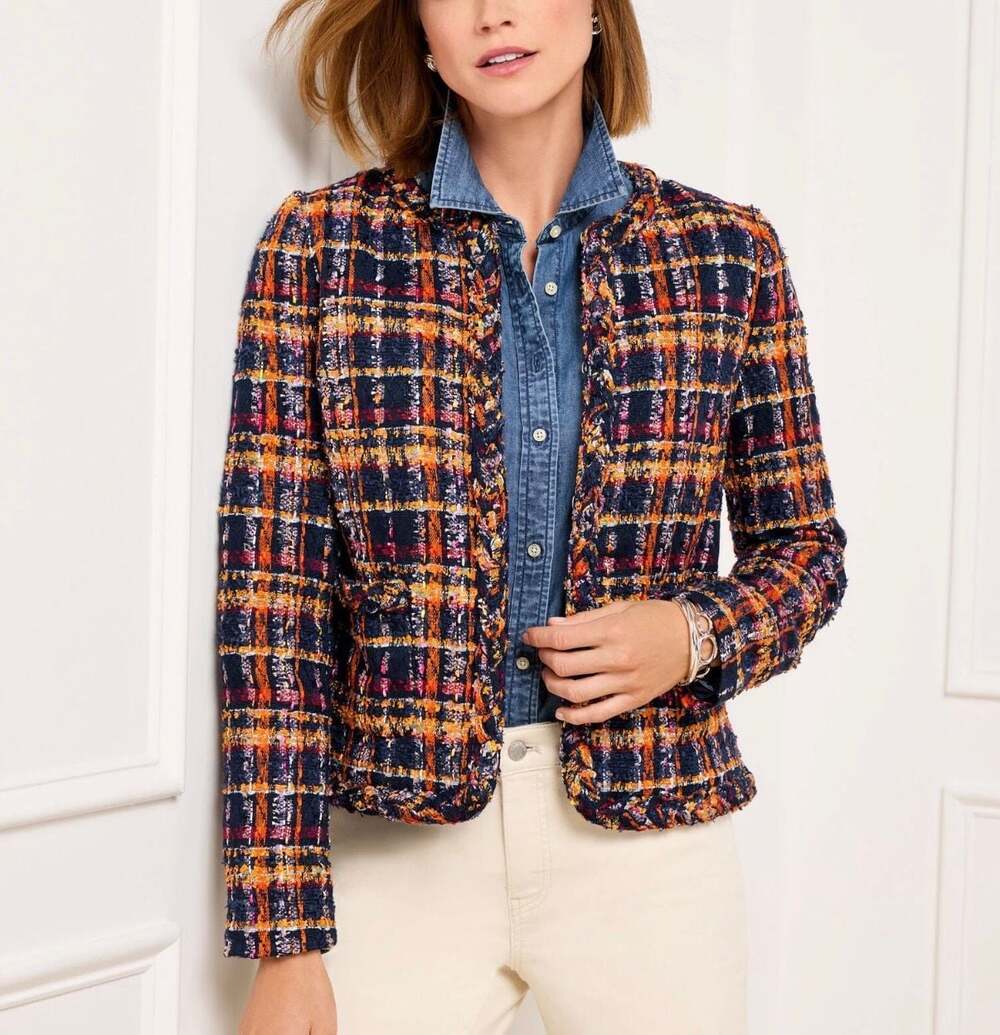 Talbots Tweed Blazer Jacket Sunflower Plaid Navy Multi Size 10